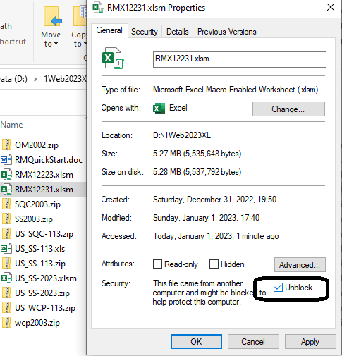 Screenshot of Excel file properties with unlock option highlighted.