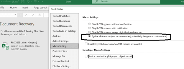 Screenshot of Excel Trust Center Macro Settings window.