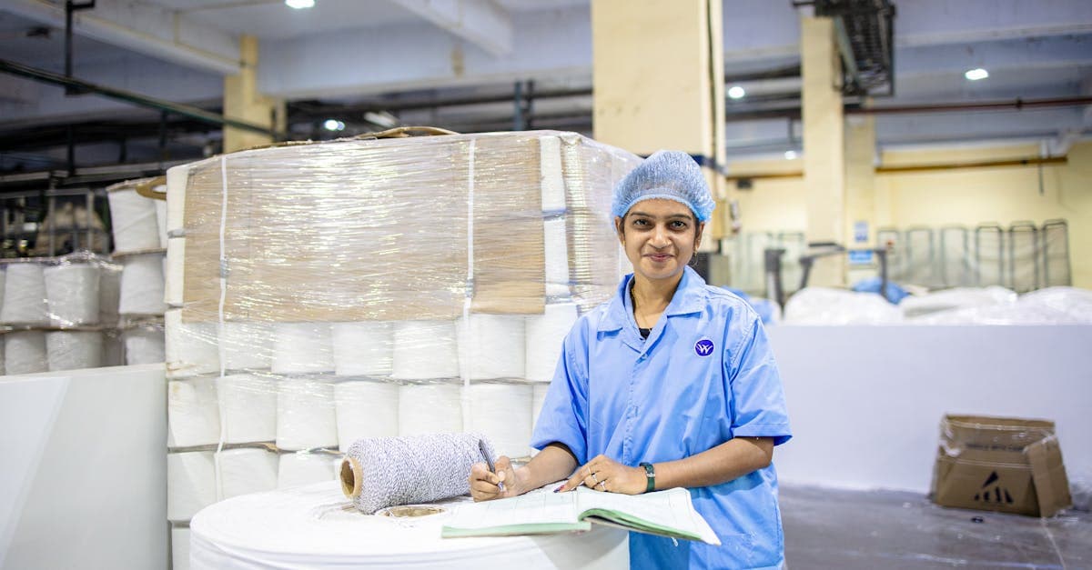 Manufacturing facility environmental compliance officer reviewing emission monitoring data alongside production schedule