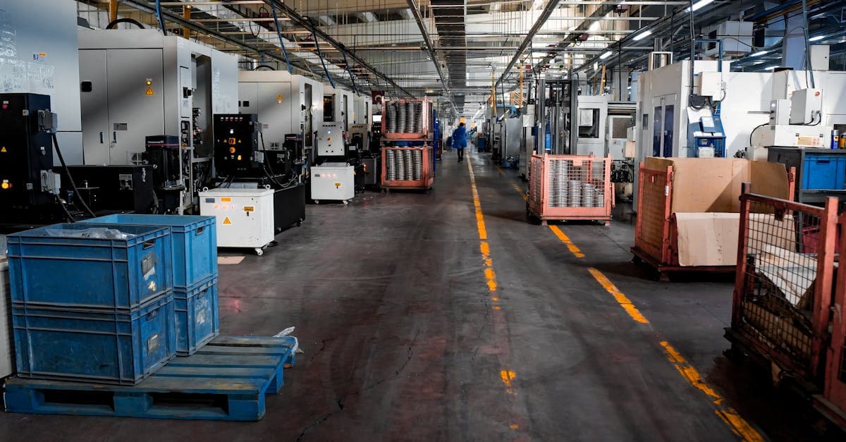 Small manufacturing shop floor with lean visual management boards and organized workstations