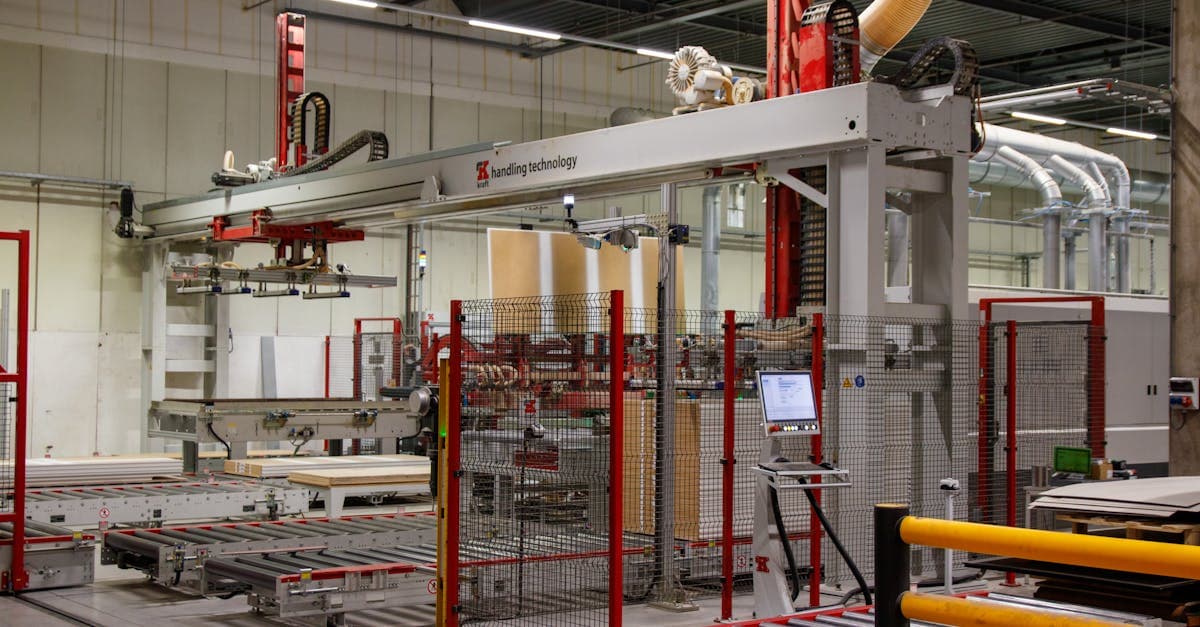 Smart factory floor with connected machines, digital dashboards, and operators monitoring real-time production data