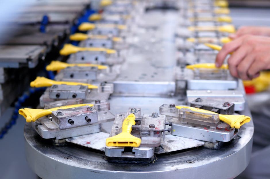 Assembly line with sequential production flow showing individual parts moving through stations