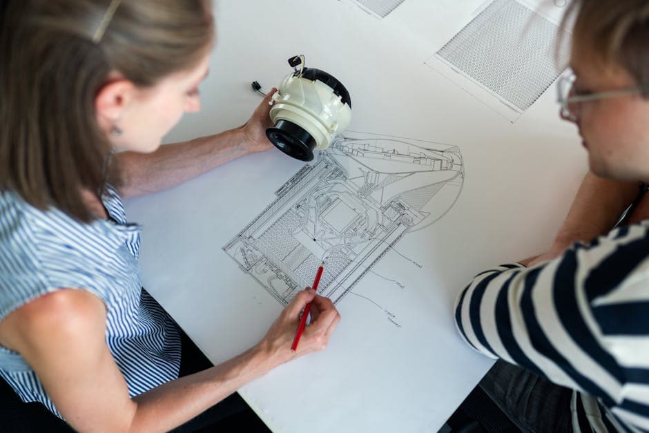Two engineers reviewing technical blueprints for product lifecycle planning