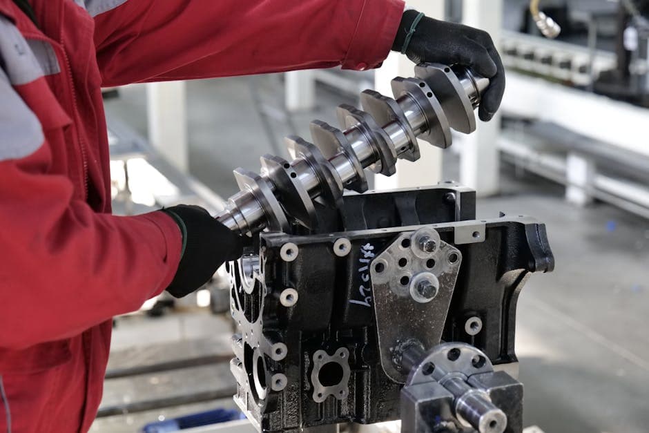 Remanufacturing facility with workers rebuilding industrial engines and equipment components